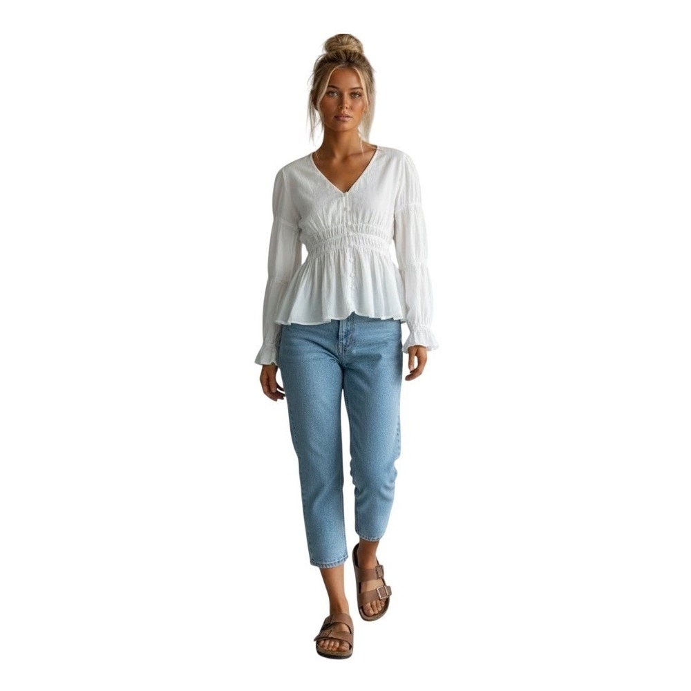 FAHERTY Colette Blouse Size Small Organic Cotton V-neck Boho Ruffle Victorian